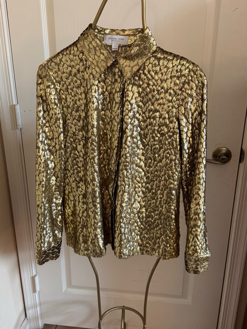 Michael Kors Collection Gold Metallic Button Up Blouse